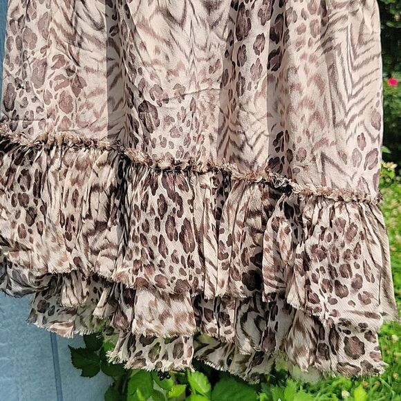 EUC Vintage Rebecca Taylor Animal Print Silk Dress Boho Ruffles Neutral SZ 2 - Picture 10 of 12